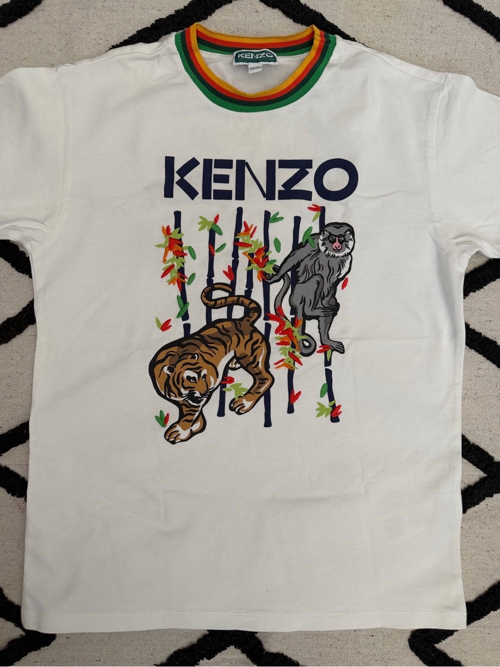 Kenzo White Tee with Navy Logo and Colorful Tiger & Monkey Graphic